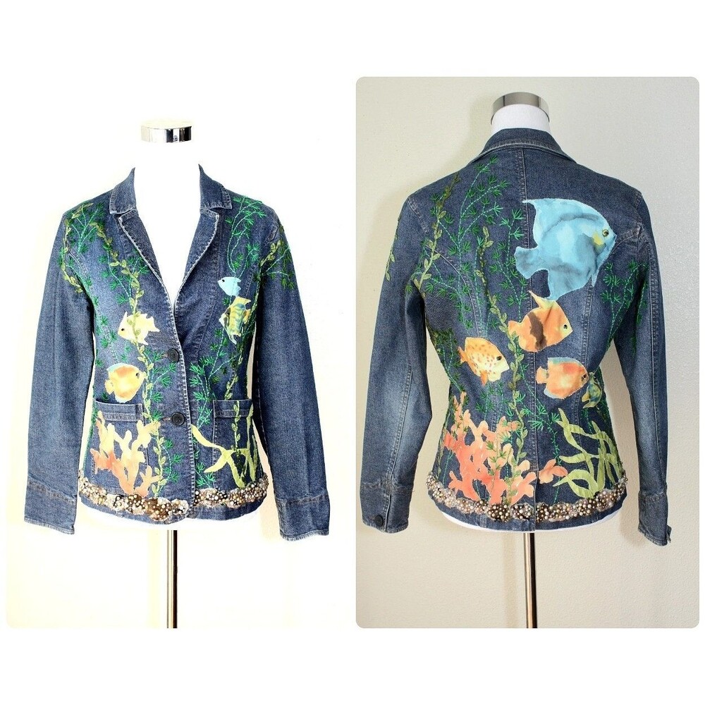 Upcycled Art To Wear OOAK Denim Jacket Sz. S Blue Fishes Corals Pearls Plants *